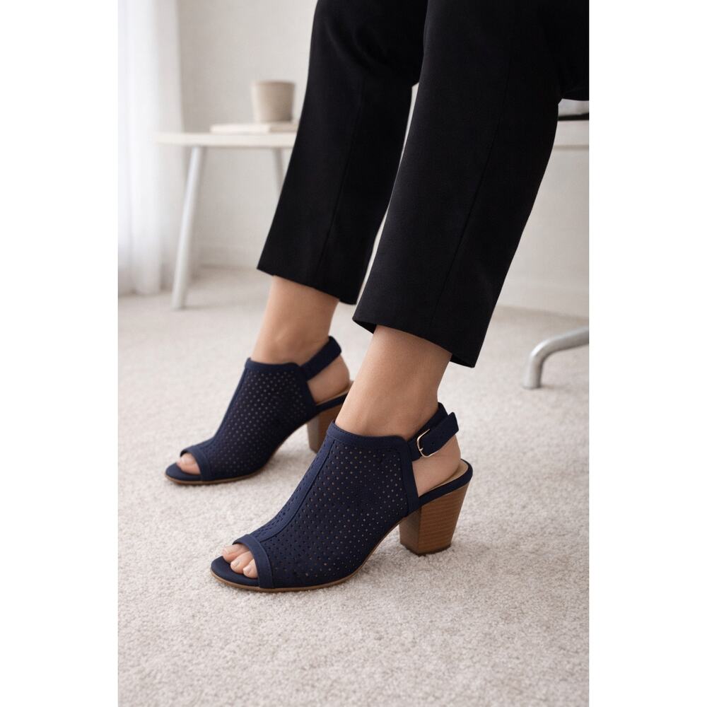 Isola Lora Perforated Navy Leather Peep Toe Slingback Heels Women's Size 9M